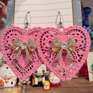 Betsey Johnson Pink Heart Lace Dangle Earrings with Rhinestone Gold Bow